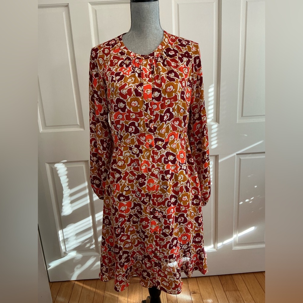 CAbi Floral Long-Sleeve Shift Dress in Red, Orange, Mustard